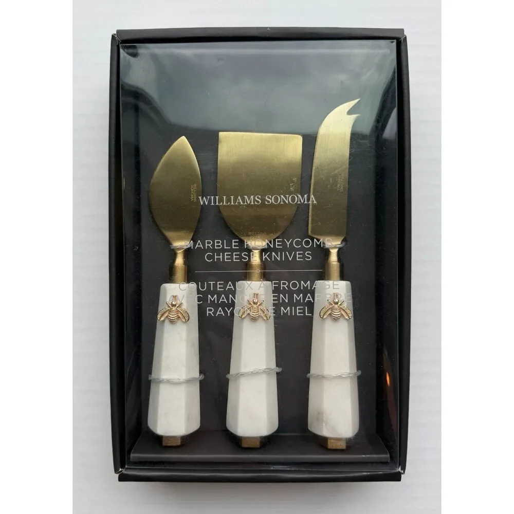 Williams Sonoma Marble Honeycomb Cheese Knife Set of 3 Gold Bee